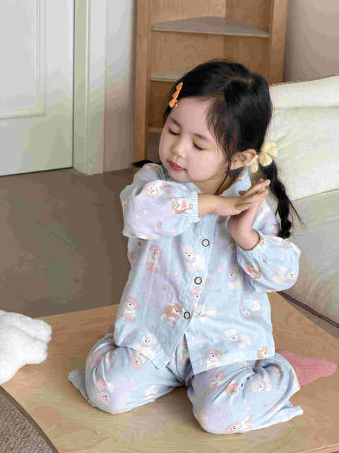 Children's Pajamas Pure Cotton Double-Layer Gauze Spring, Summer and Autumn Thin Baby Home Clothes Men's and Women's Cartoon Air-Conditioned Clothing Set detail 9