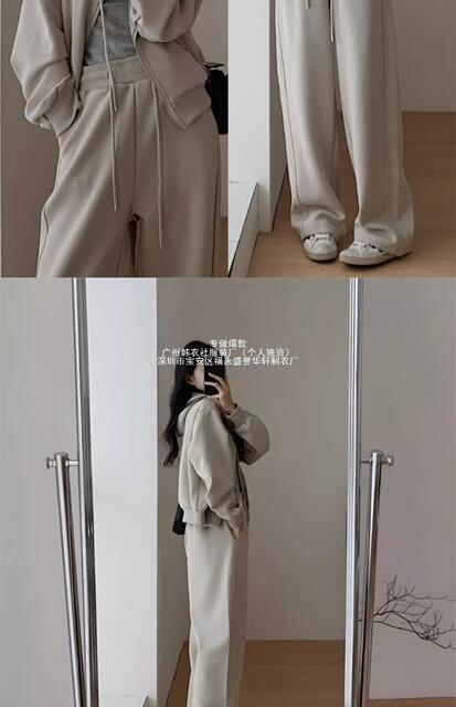 Early Autumn Outfit with a Complete Tea-Themed Set: Women's Hooded Sweatshirt and Wide-Leg Pants, Sporty Casual Two-Piece Set in Black detail 12