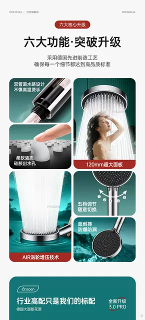 German Pressurized Shower Head for Home Bathroom Shower Faucet with Large Water Flow detail 5